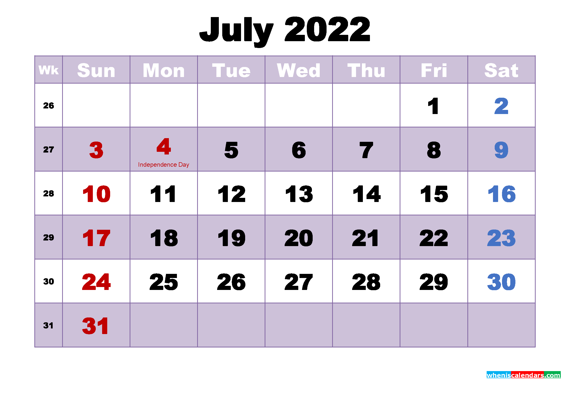 Get July 2022 Calendar Printable Free