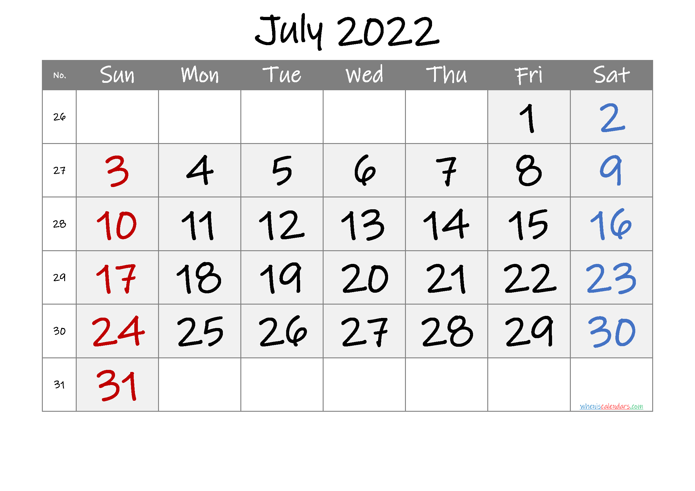 Get July 2022 Calendar Printable Free