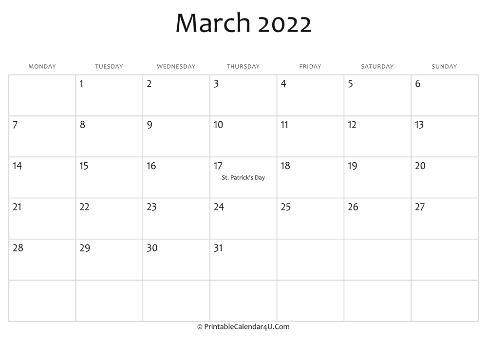 Get March 2022 Calendar Excel