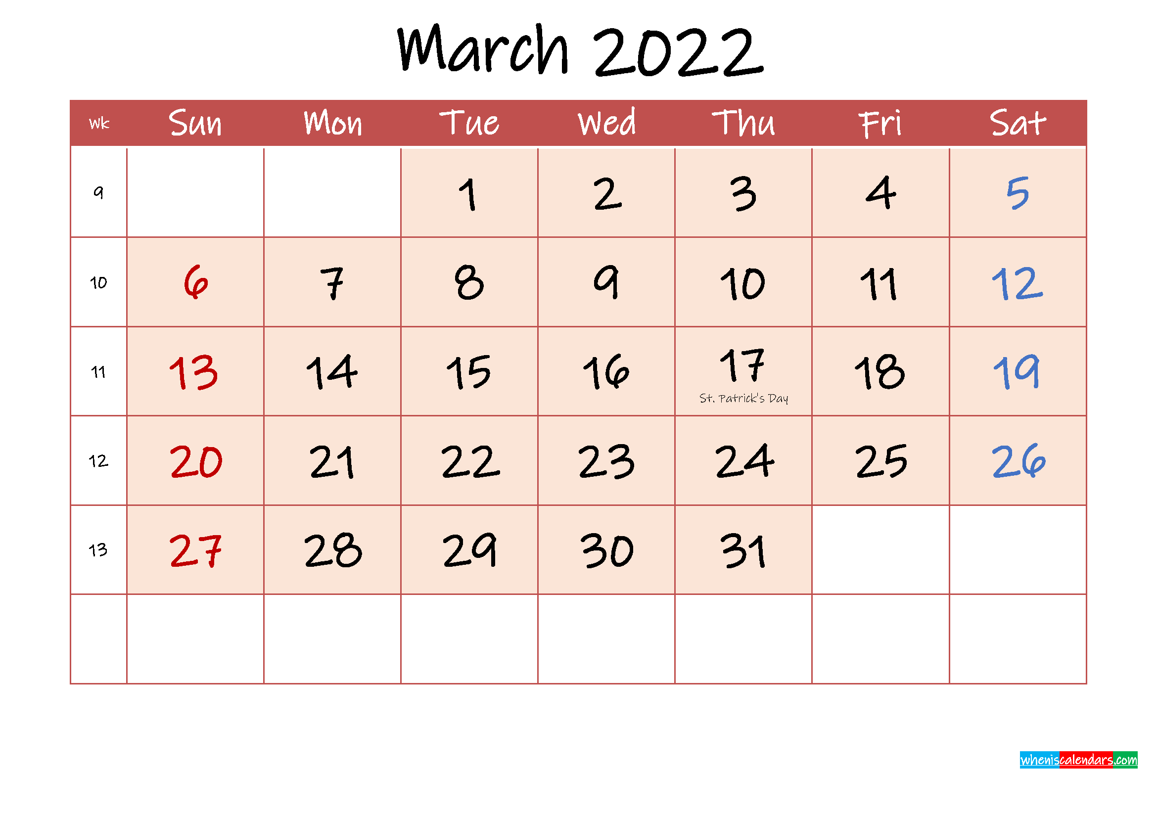 Get March 2022 Calendar Image