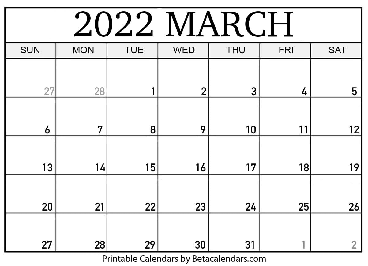 Get March 2022 Calendar Printable Free