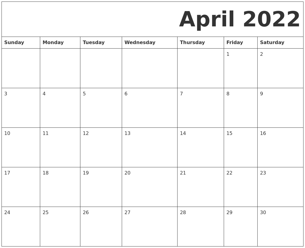 Get Monthly Calendar For April 2022
