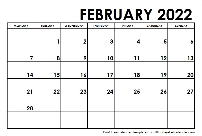 Get Monthly Calendar For February 2022