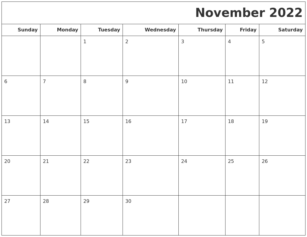 Get November 2022 Calendar Printable Free