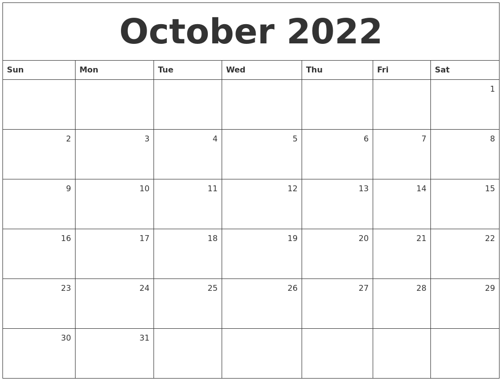 Get October 2022 Calendar Printable Free