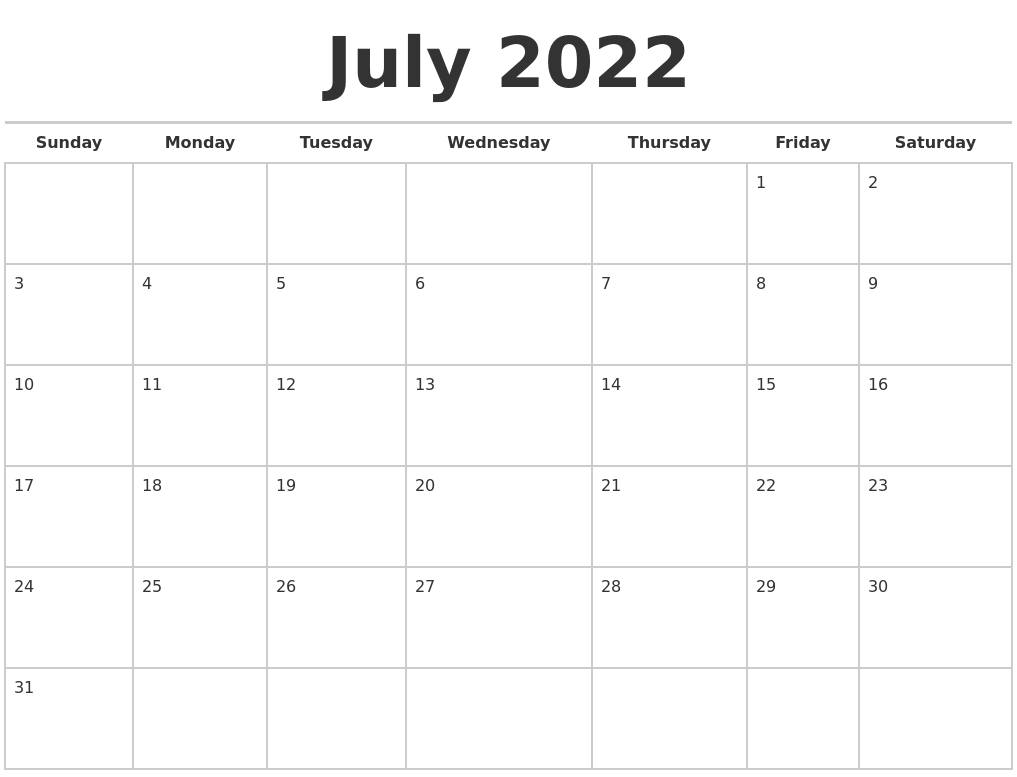 Get Printable Calendar July 2022