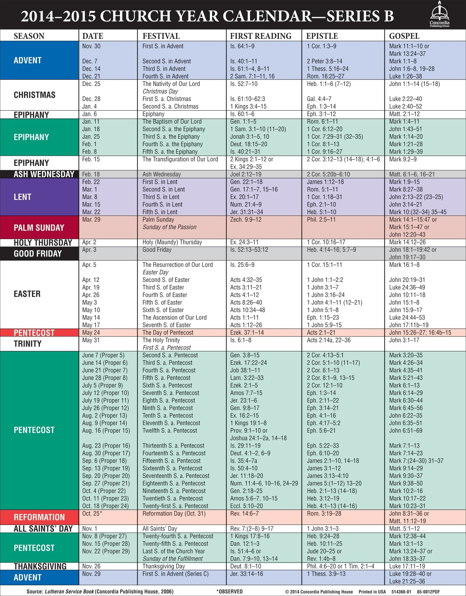 Year B 2025 Church Year Calendar A Guide To The Liturgical Seasons