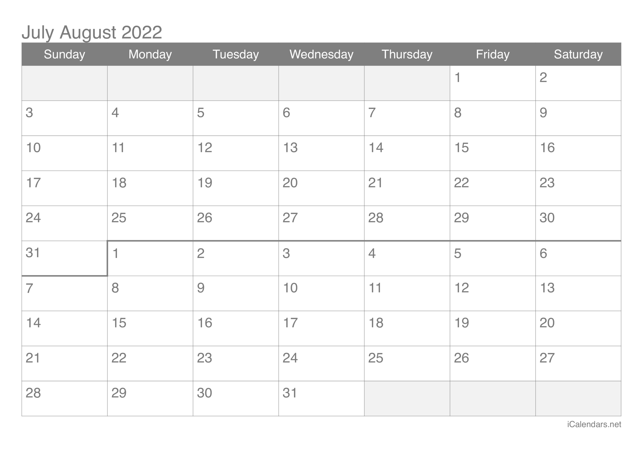 Pick 2022 Calendar For July And August