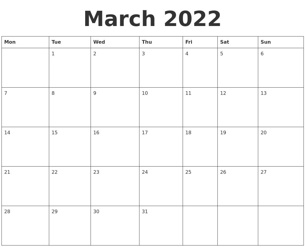Pick 2022 Calendar For March