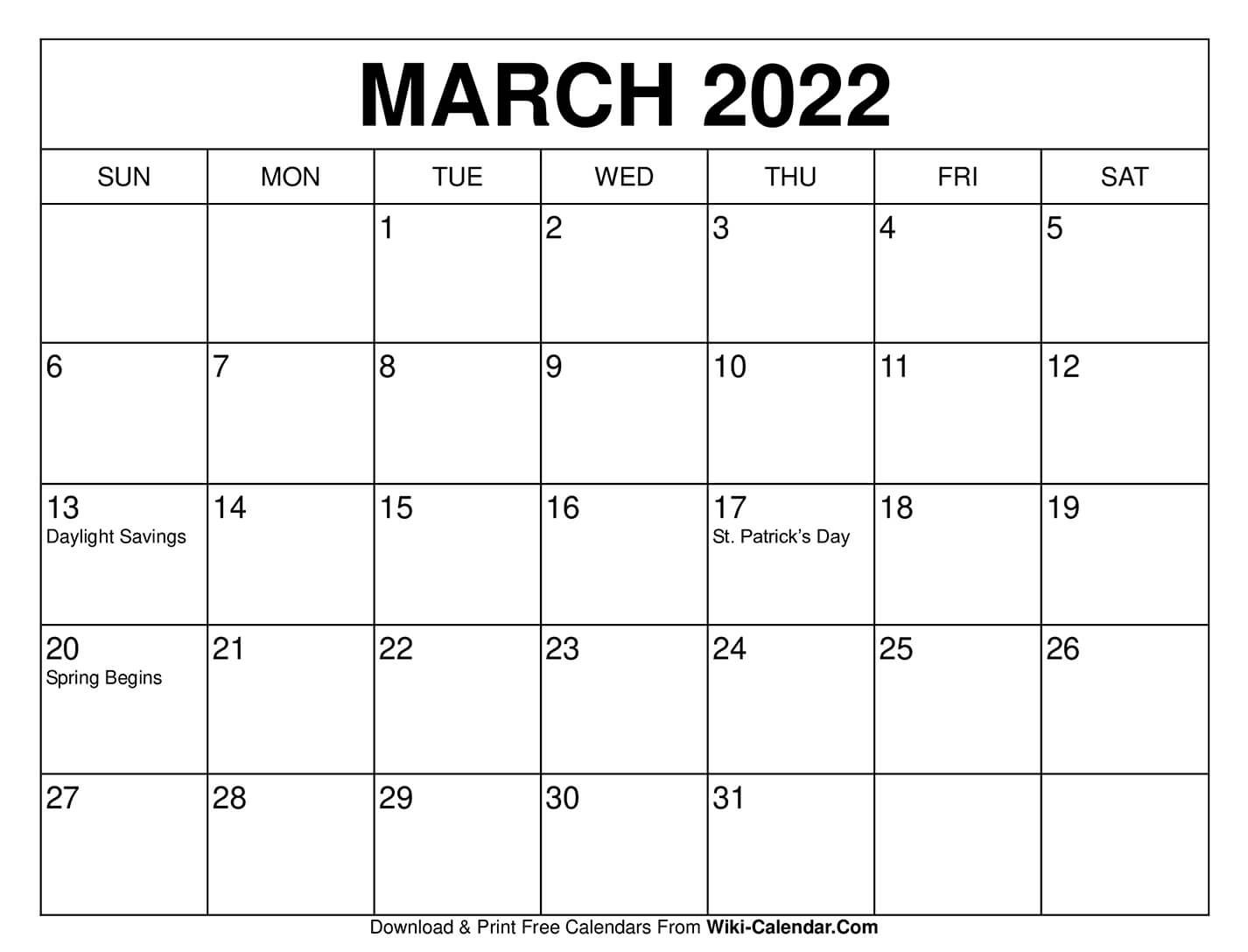 Pick 2022 Calendar For March