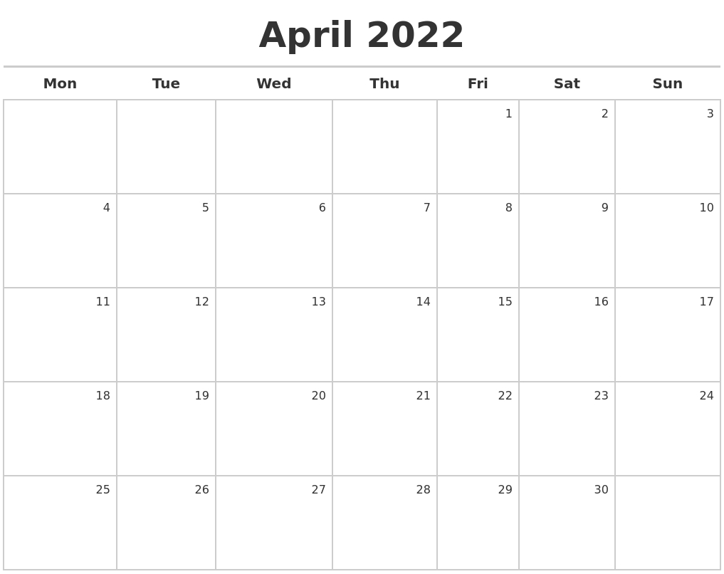 Pick 2022 Calendar Month Of April