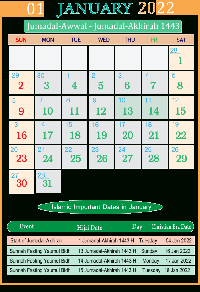 Pick Arabic Calendar 2022 January