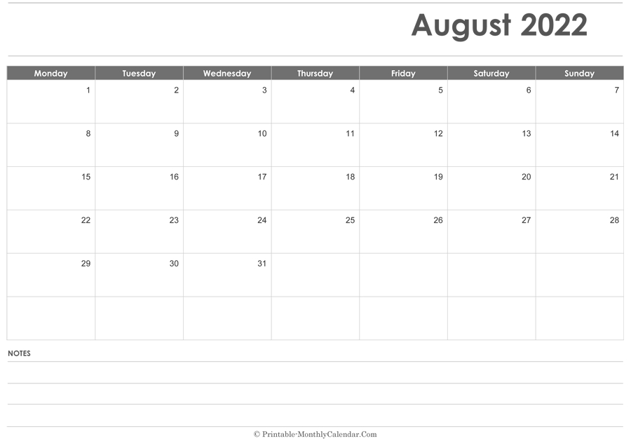 Pick August 2022 Calendar With Holidays Printable