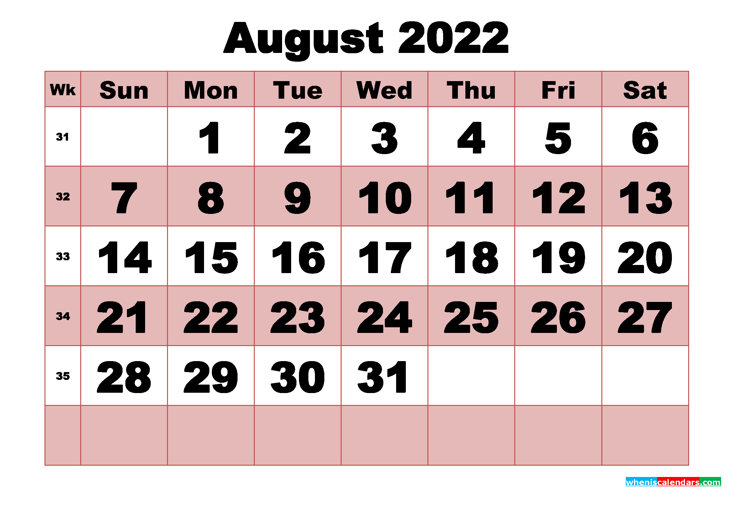 Pick August 2022 Calendar With Holidays Printable