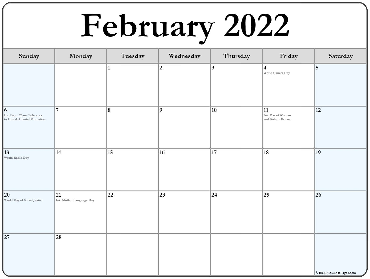 Pick Blank Calendar 2022 February