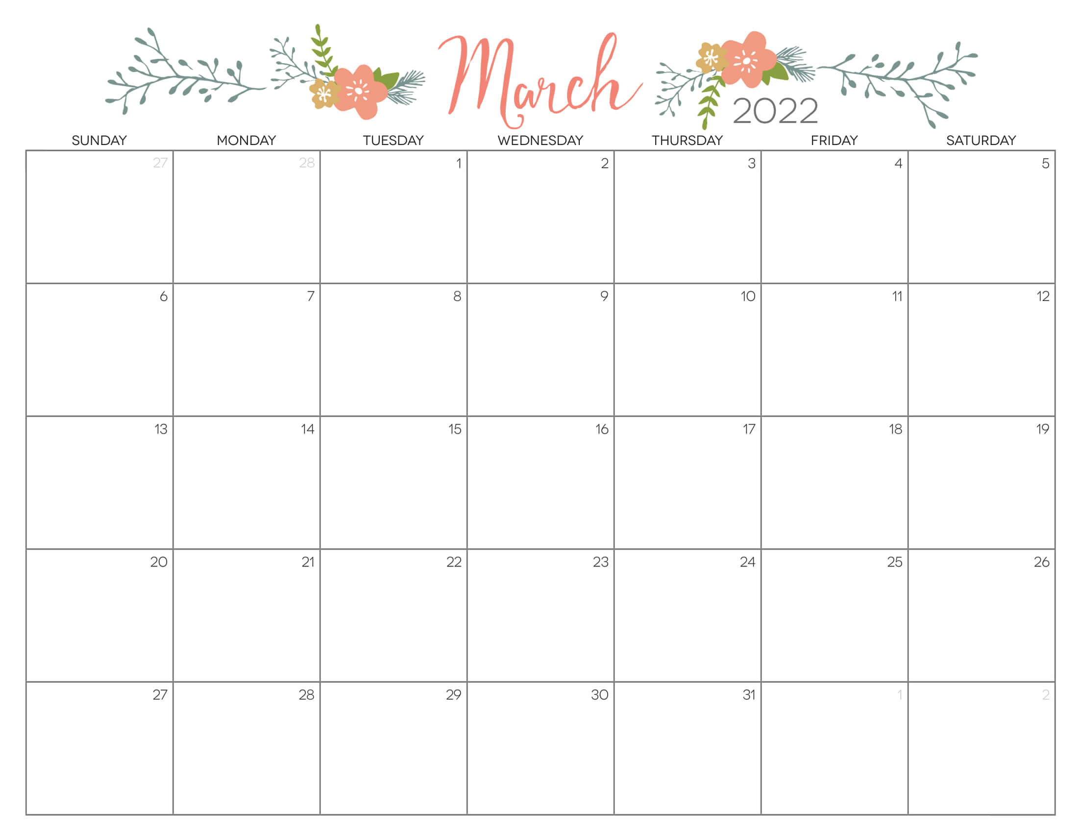 Pick Blank Calendar 2022 March