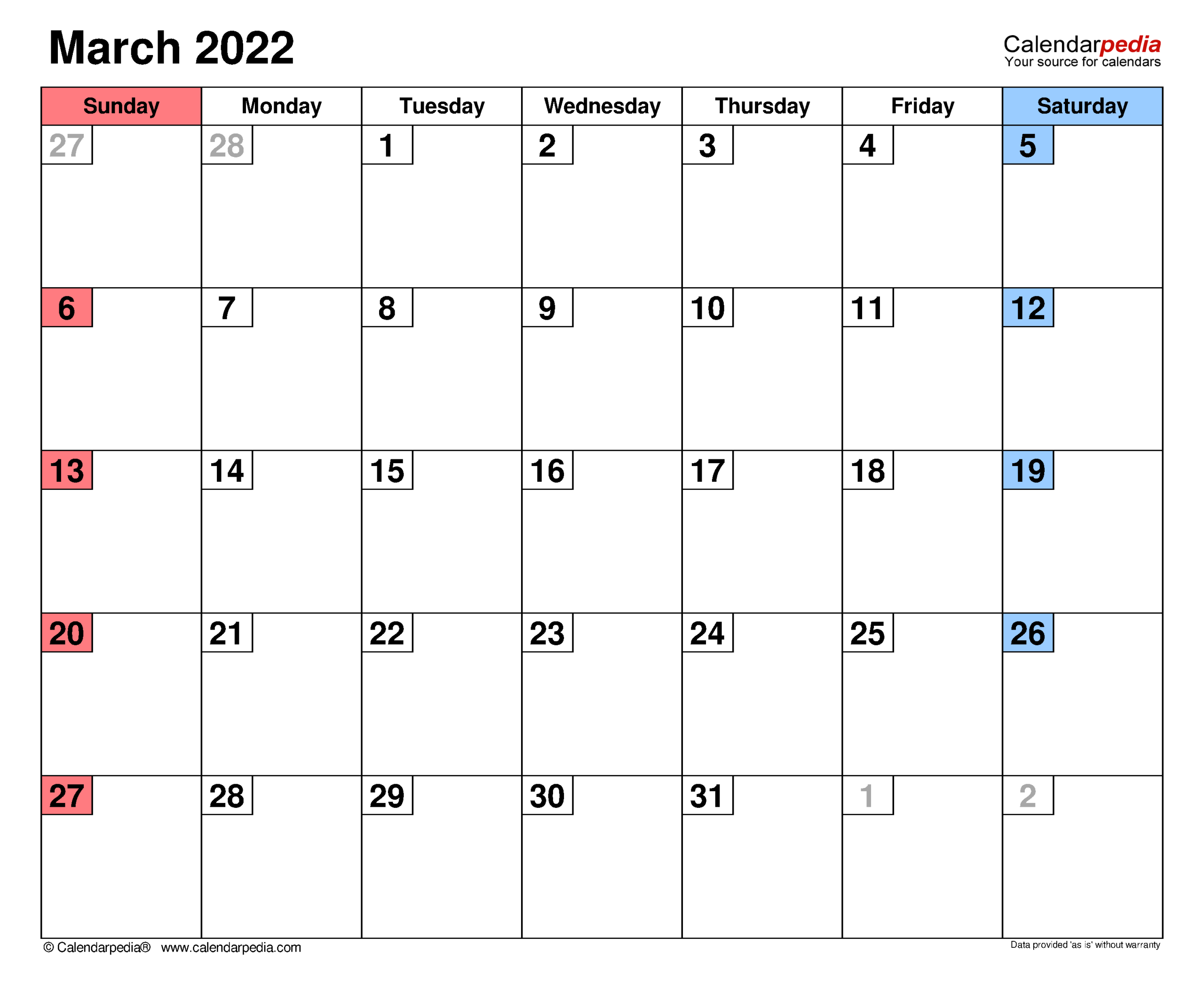 Pick Blank Calendar 2022 March