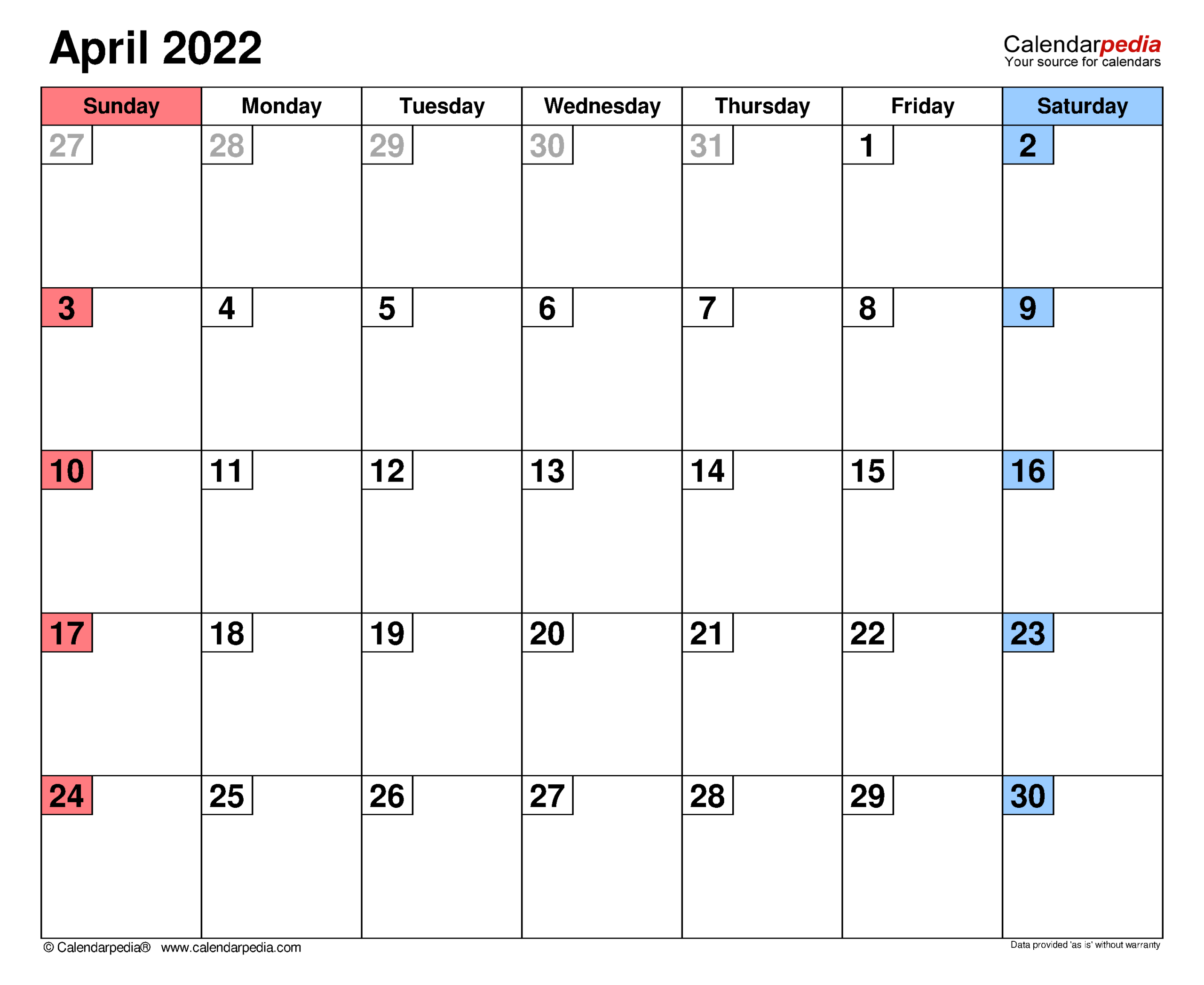 Pick Blank Calendar April 2022 Printable
