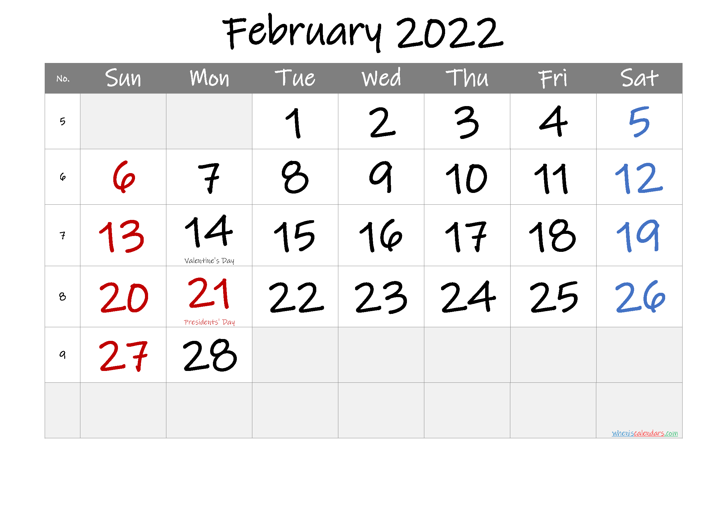 Pick Blank Calendar February 2022 Printable