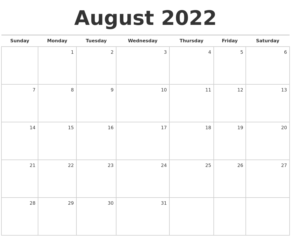 Pick Calendar 2022 August Month