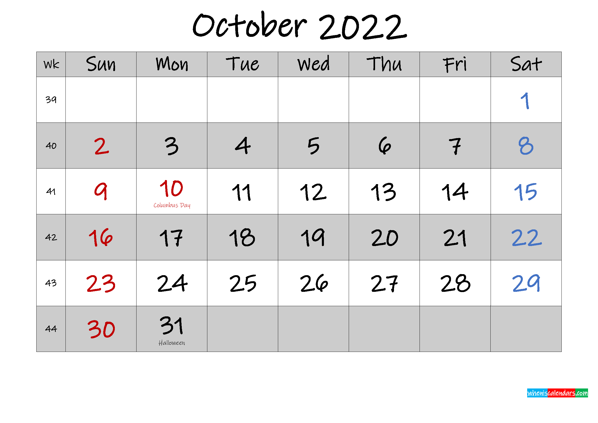 Pick Calendar 2022 October Month