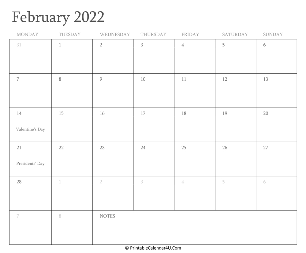 Pick Calendar February 2022 With Holidays