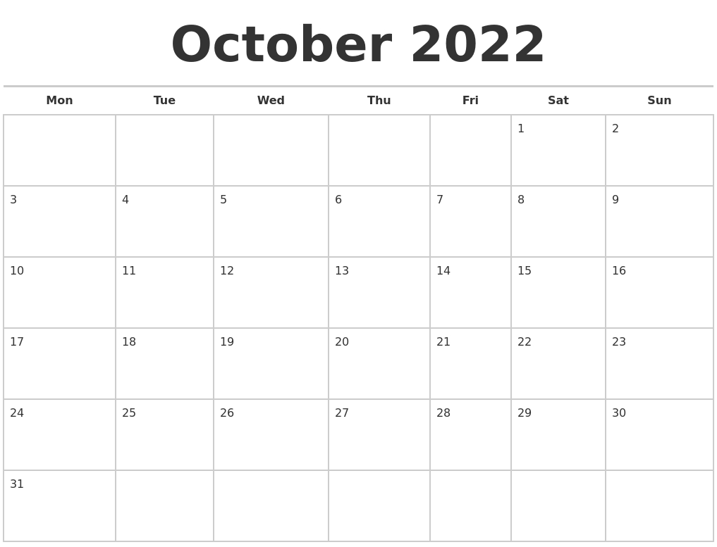 Pick Calendar For 2022 October