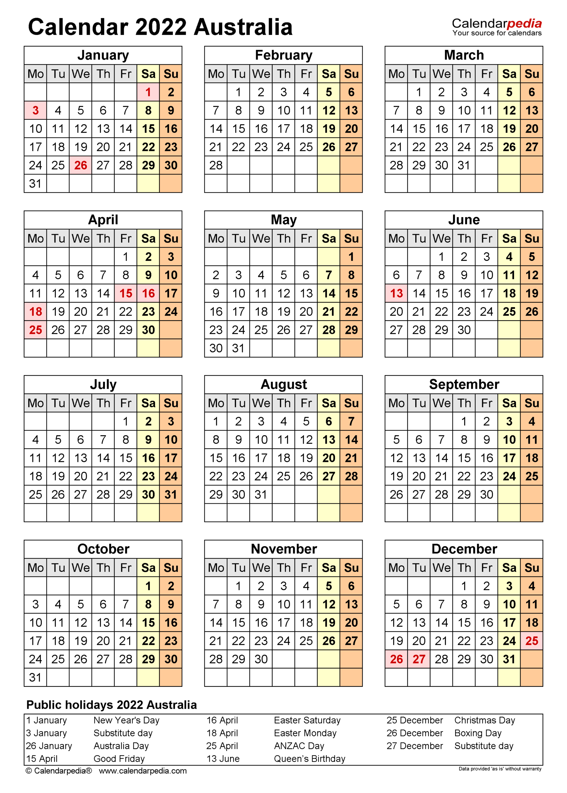 Pick Calendar January 2022 Australia