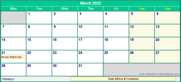 Pick Calendar January 2022 South Africa