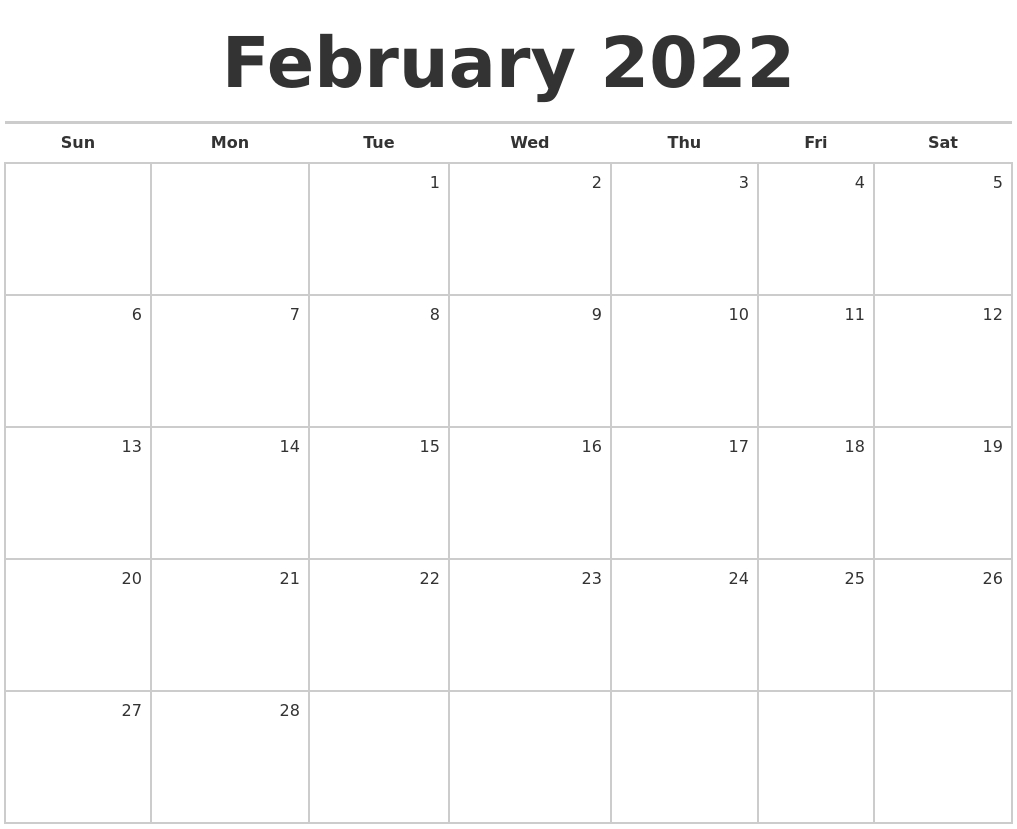 Pick February 2022 English Calendar