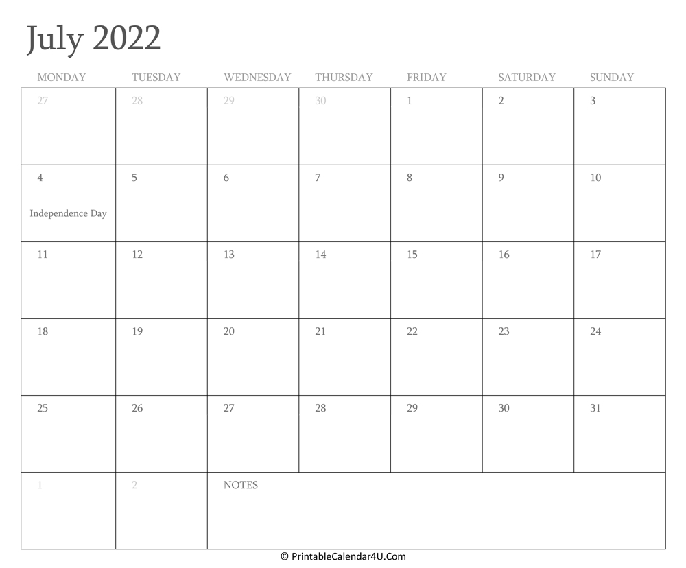 Pick Free Printable Calendar 2022 July