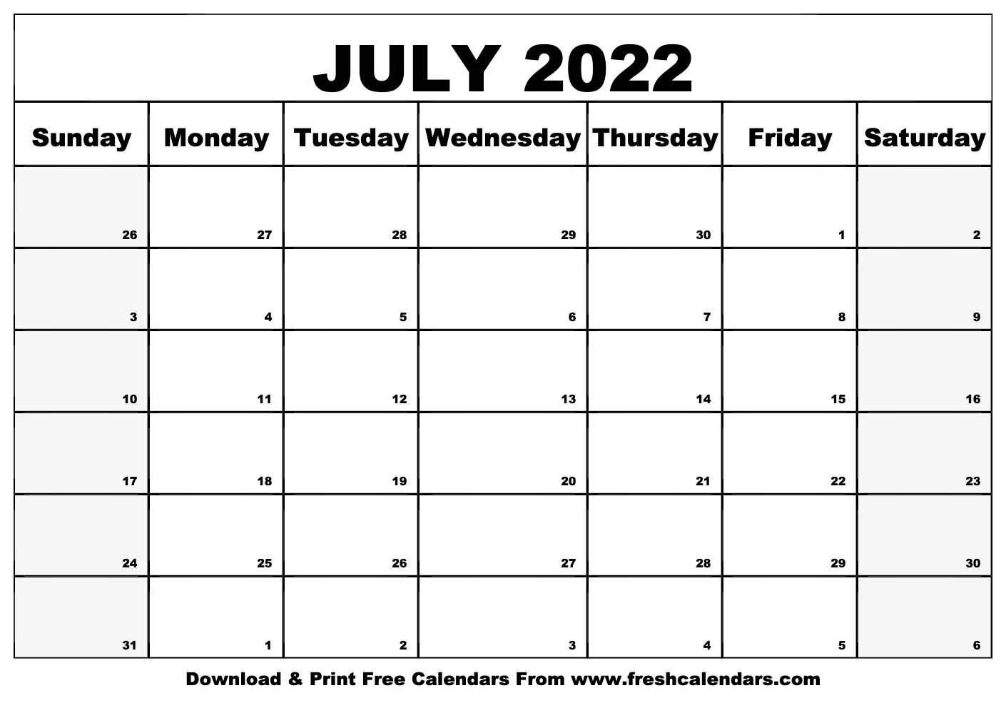 Pick Free Printable Calendar 2022 July
