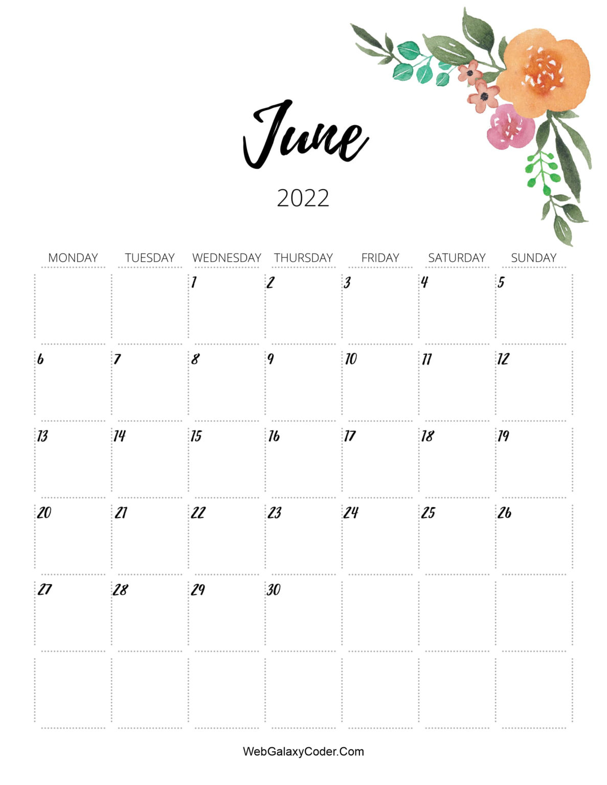 Pick Free Printable Calendar For June 2022