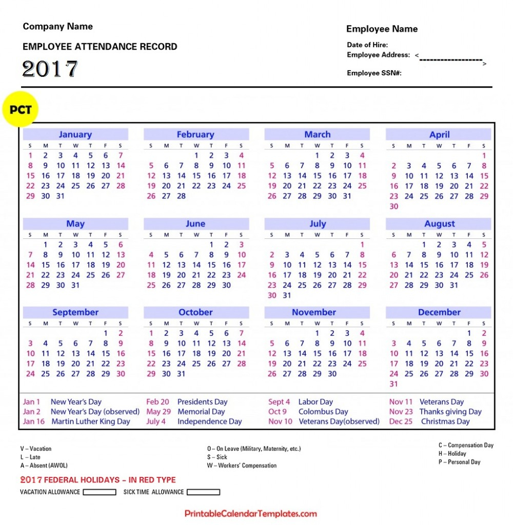 Pick Free Printable Employee Attendance Calendars