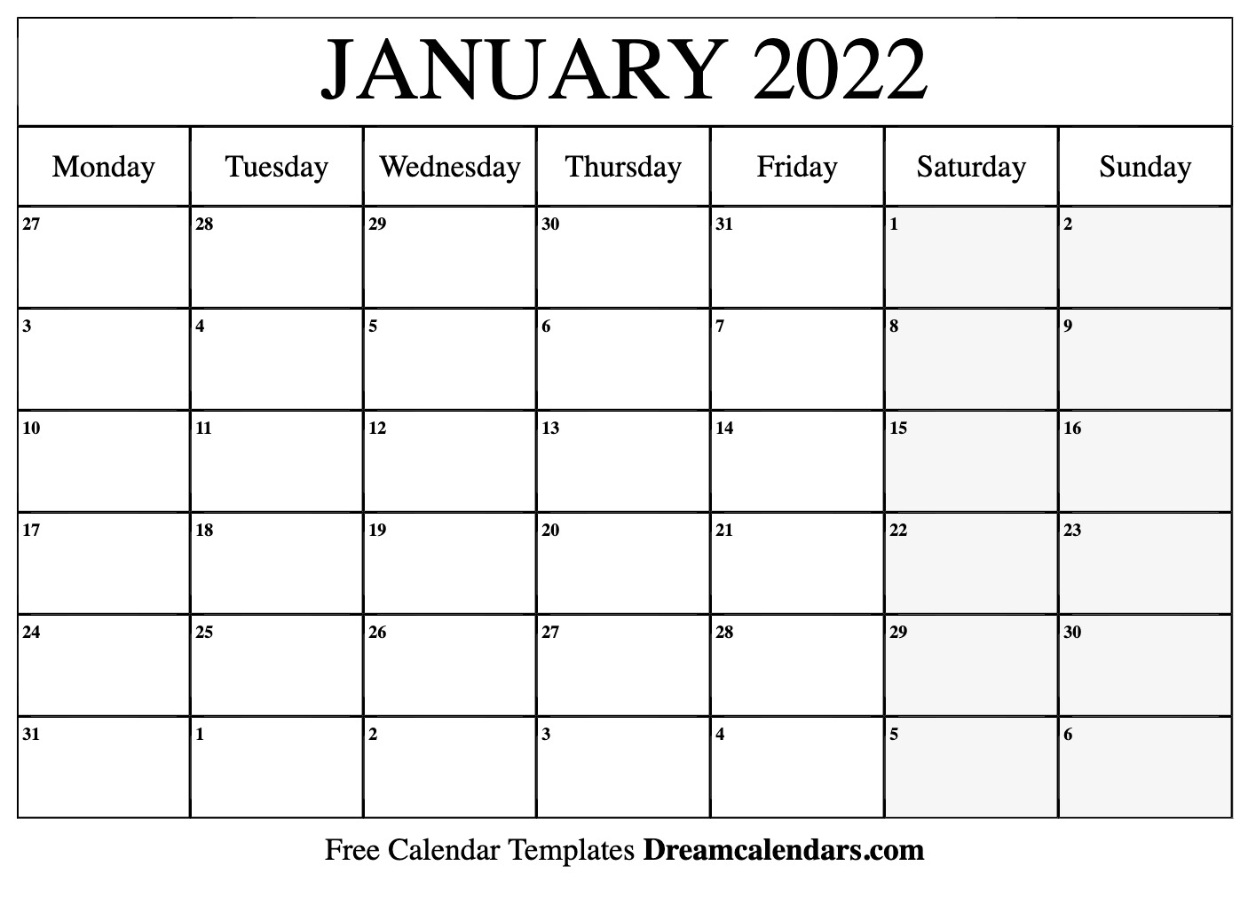 Pick January 2022 Calendar Starting Monday