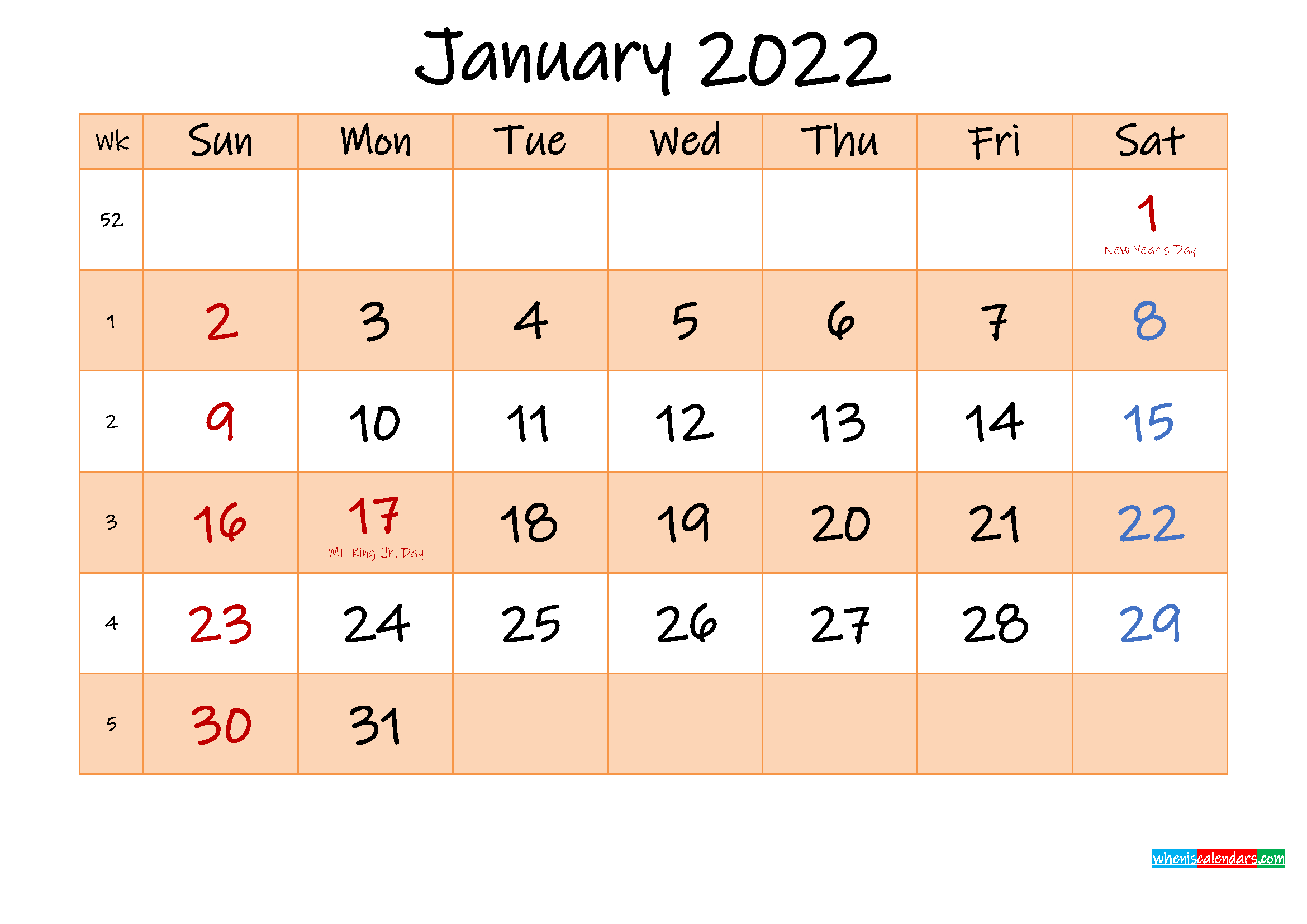 Pick January 2022 Calendar With Us Holidays