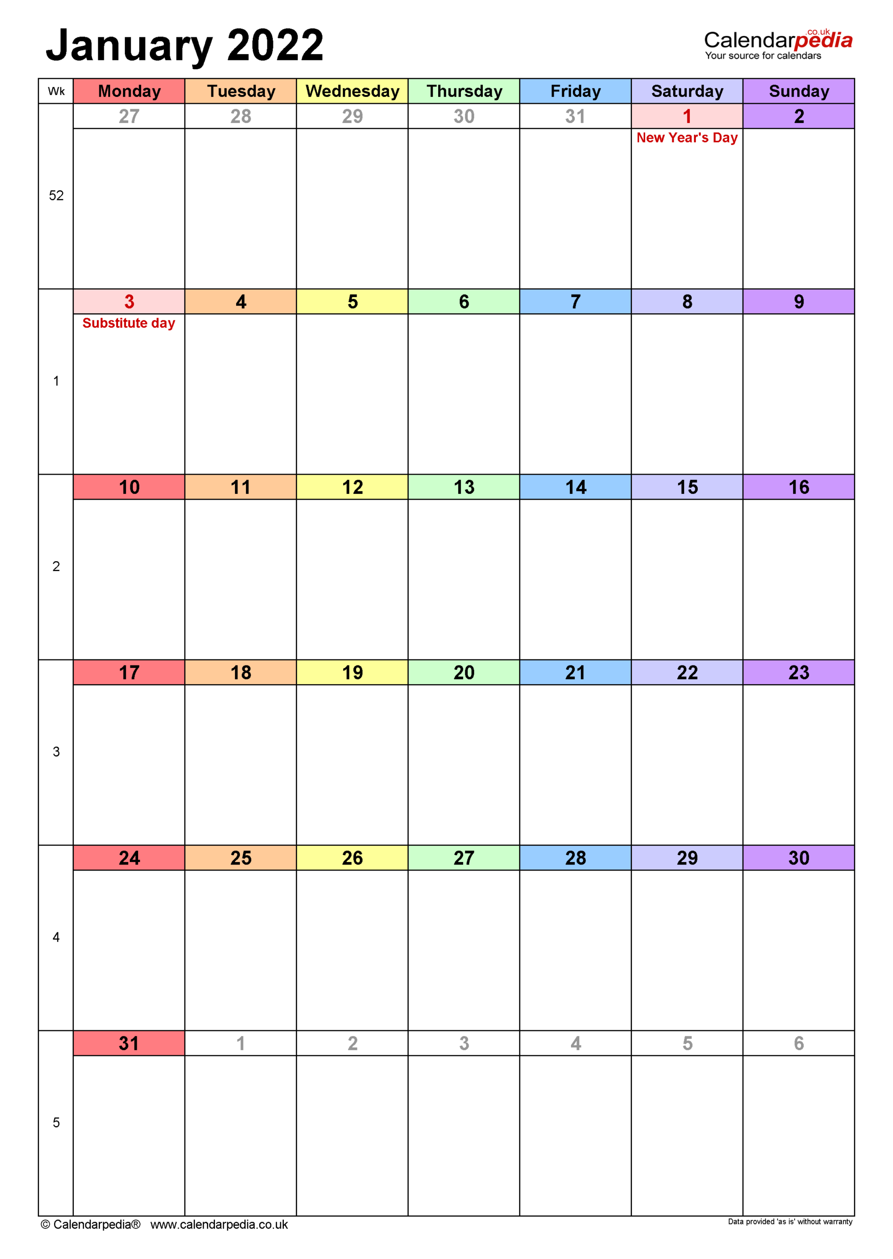 Pick January 2022 Vertical Calendar Printable