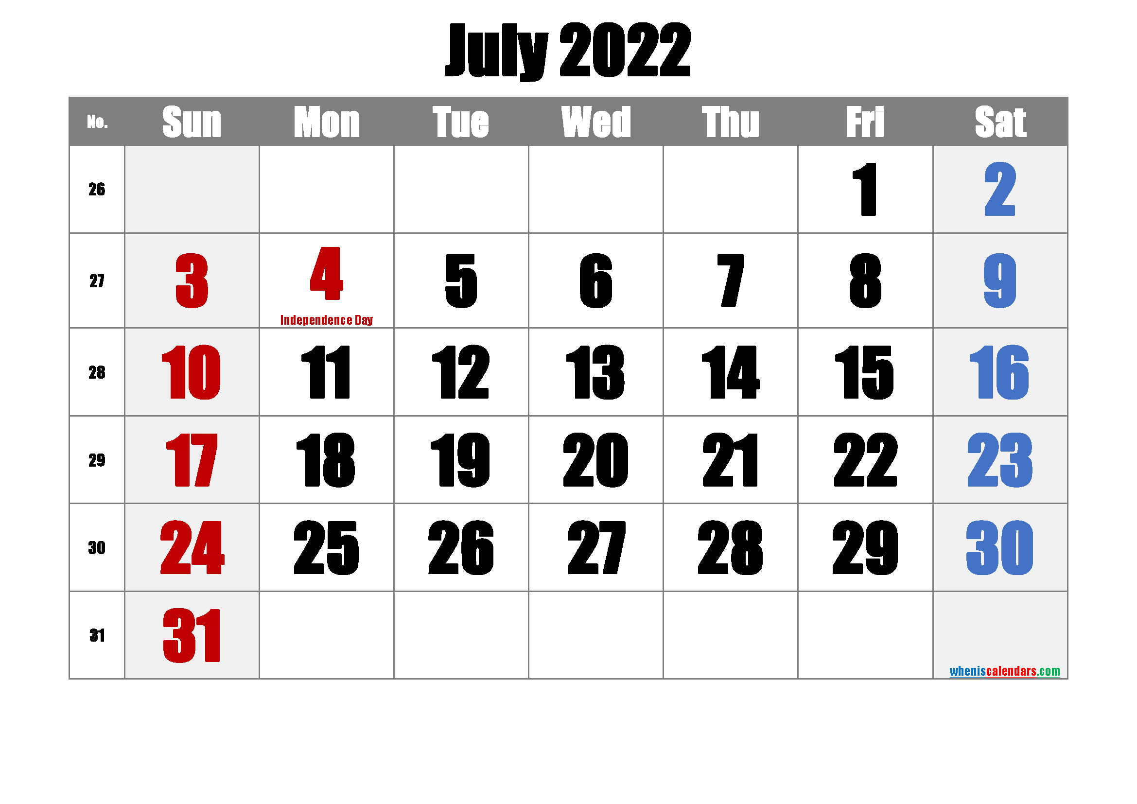 Pick July 2022 Blank Calendar