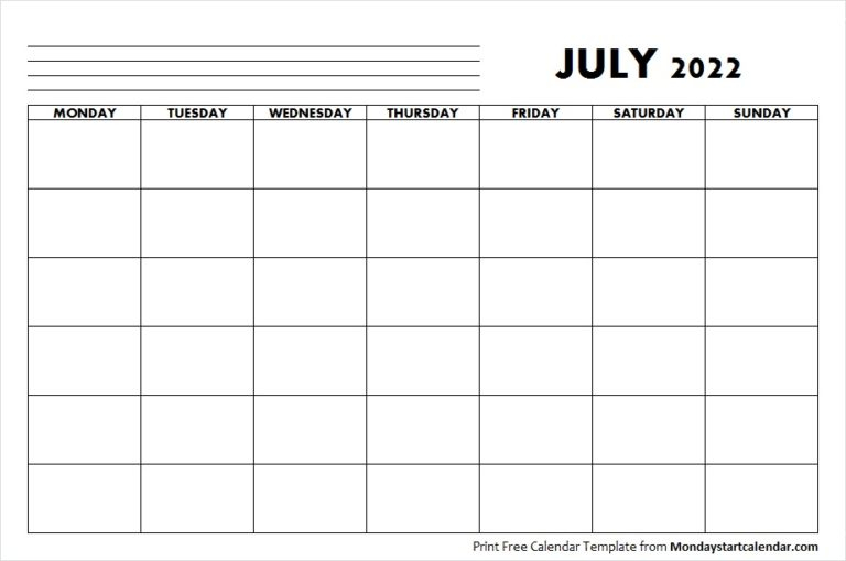 Pick July 2022 Calendar Monday Start