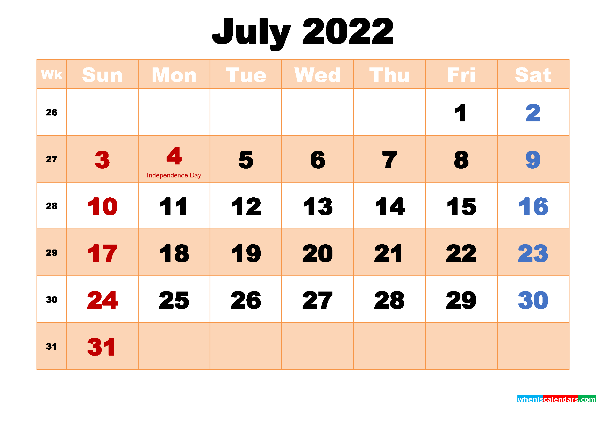 Pick July 2022 Calendar Template