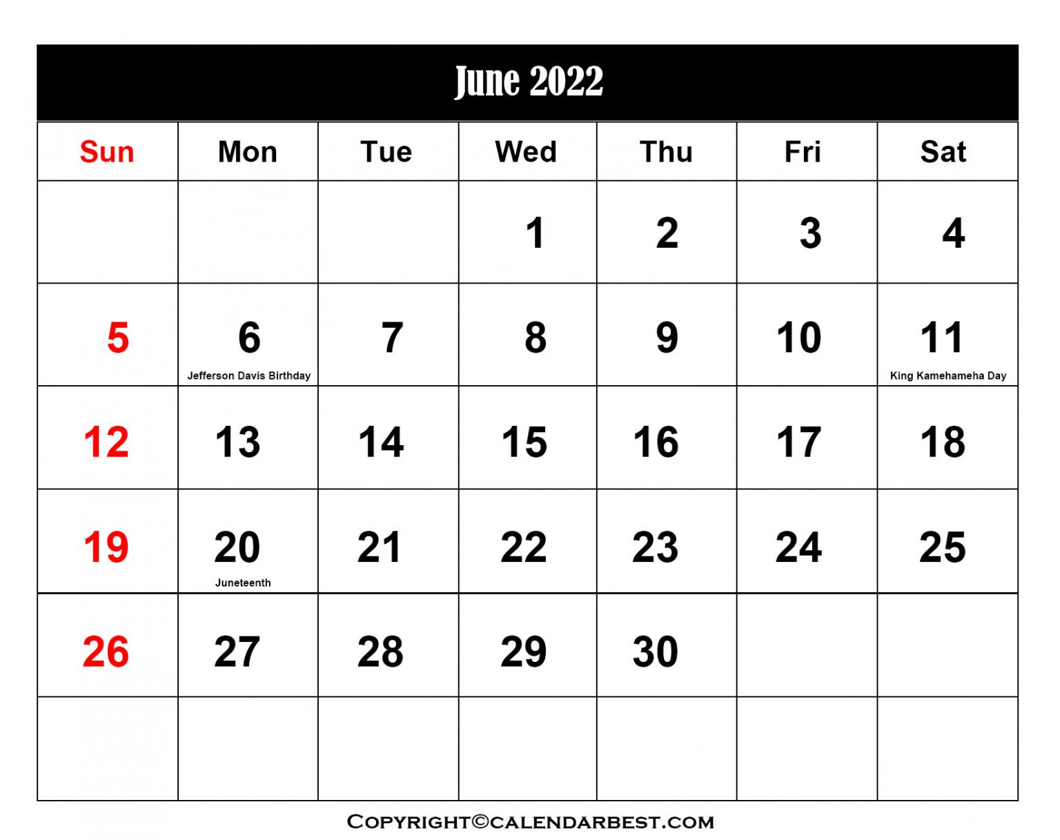 Pick June 2022 Calendar With Holidays Printable