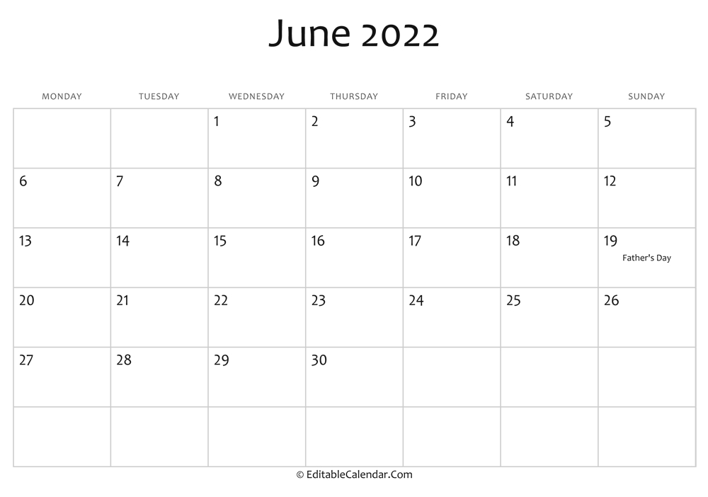 Pick June 2022 Calendar Word