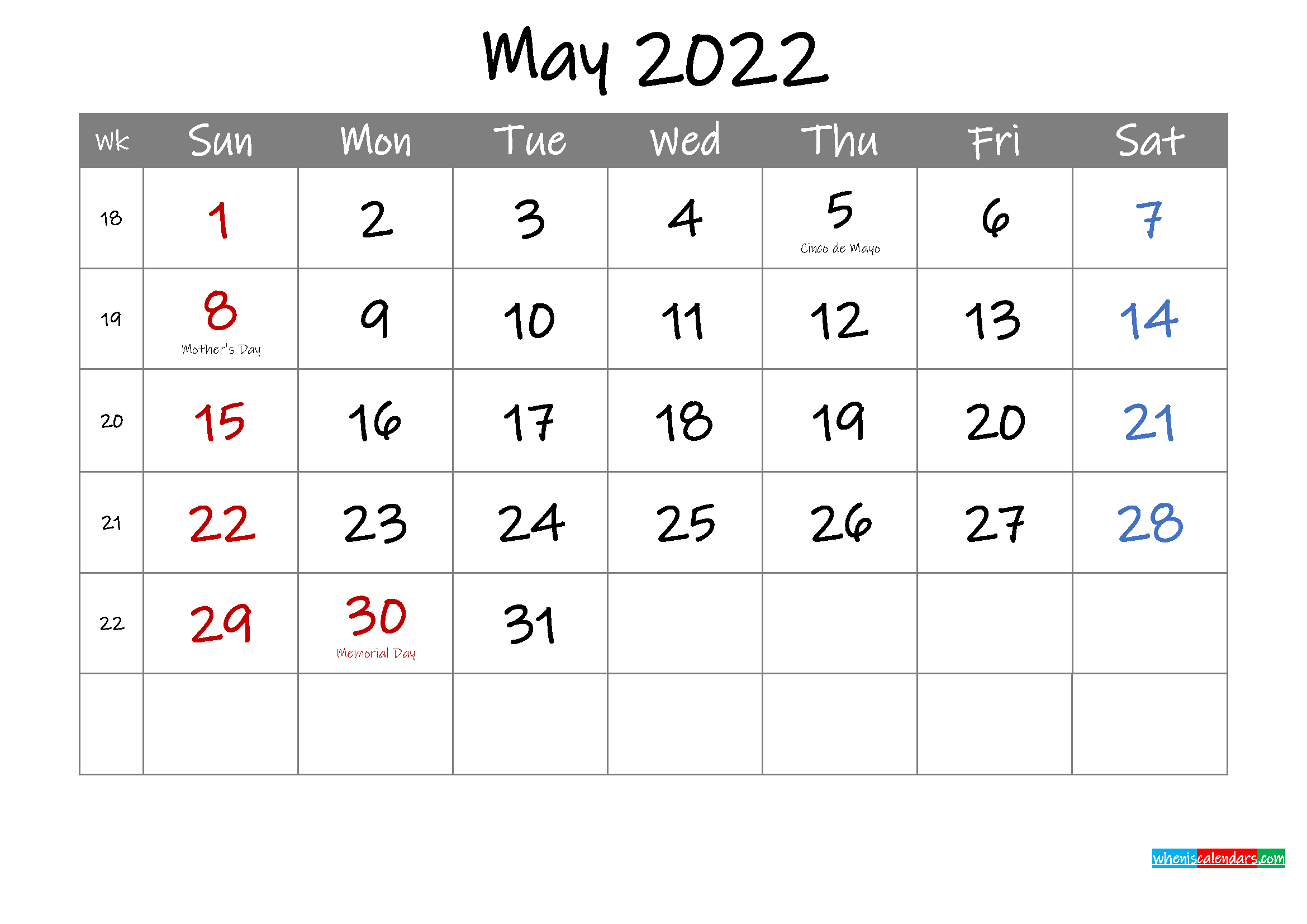 Pick May 2022 Calendar Template