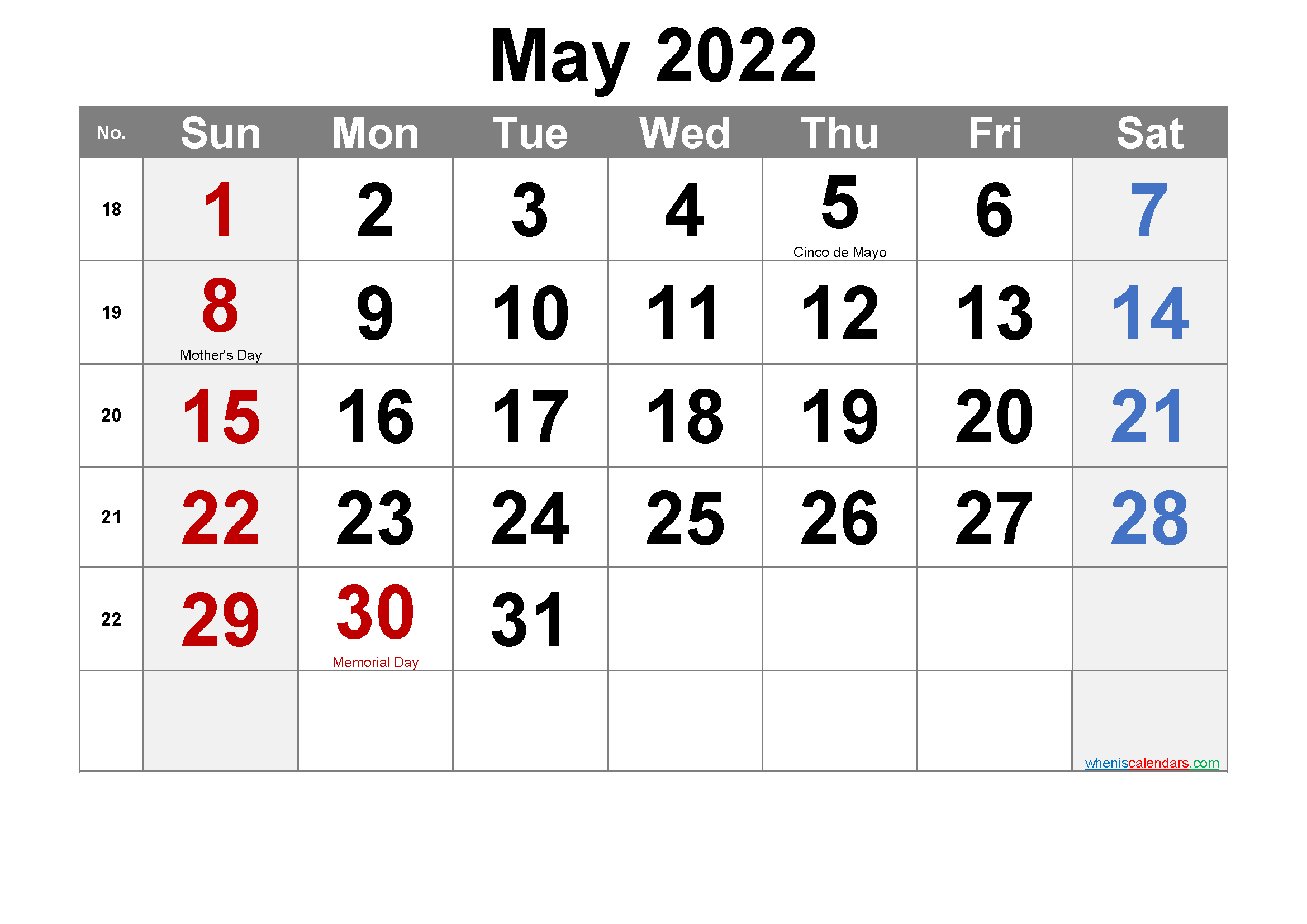 Pick May 2022 Calendar With Holidays Printable