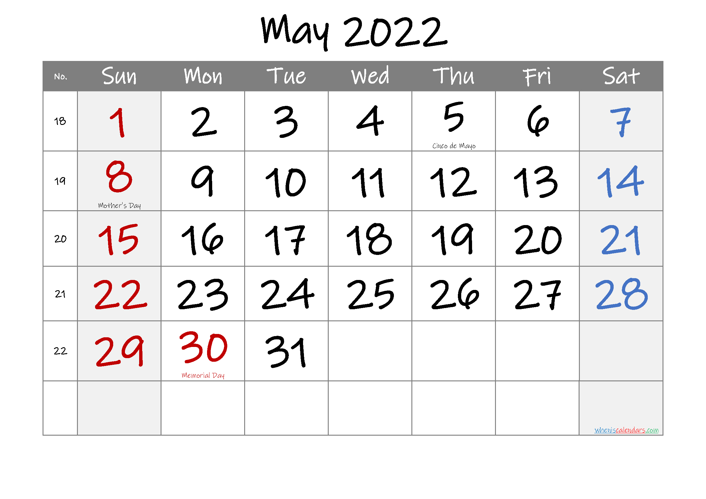 Pick May 2022 Printable Calendar With Holidays
