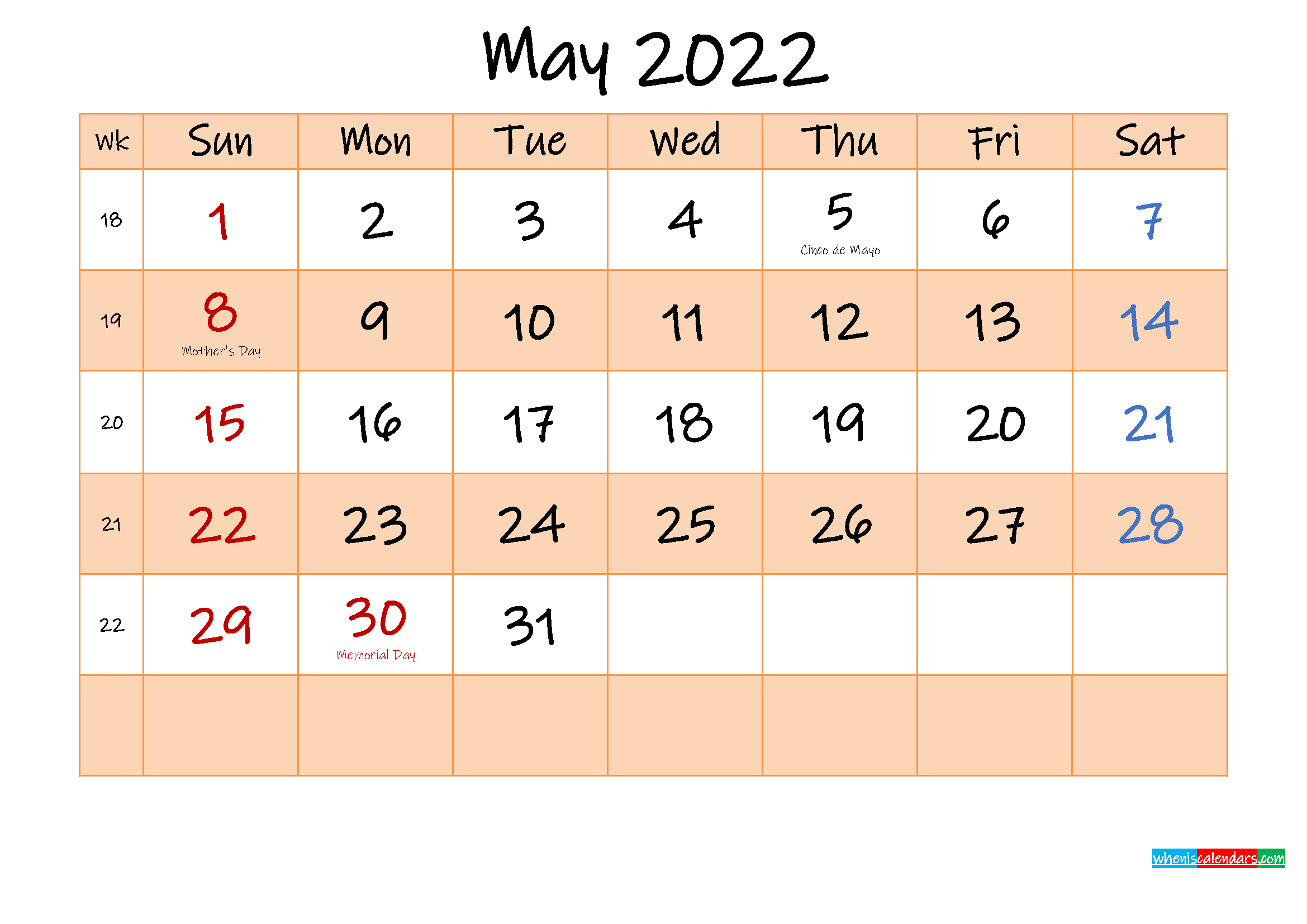 Pick May 2022 Printable Calendar With Holidays