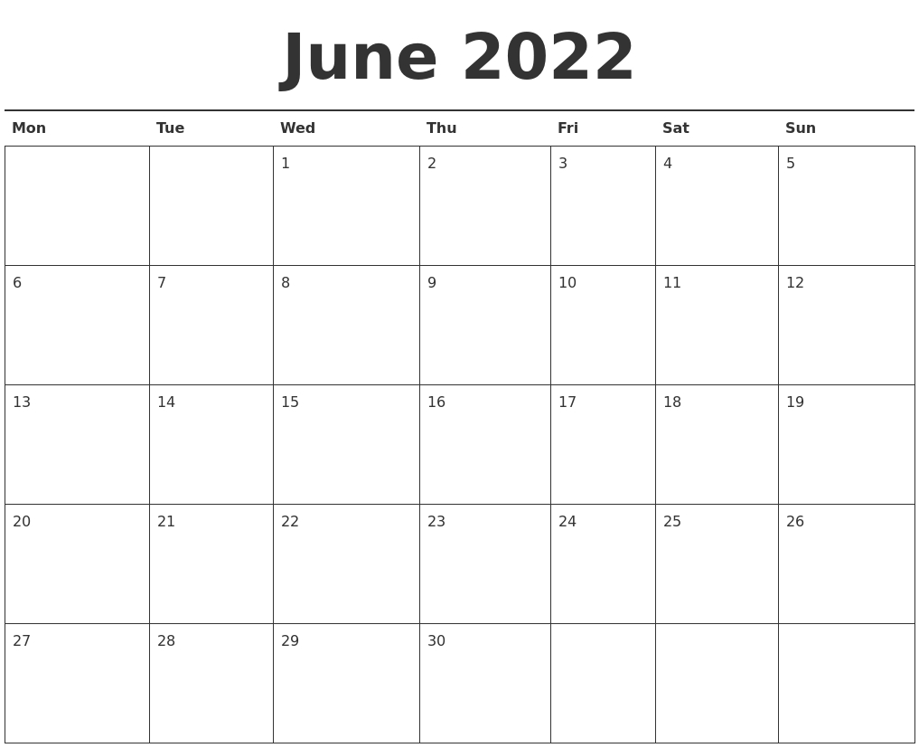 Pick Printable Monthly Calendar June 2022
