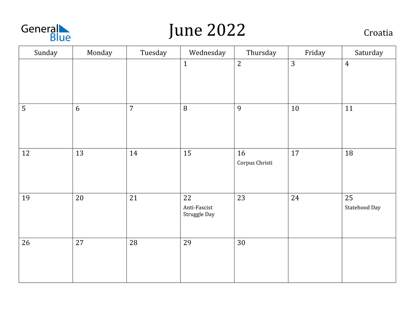 Take 2022 Calendar For June