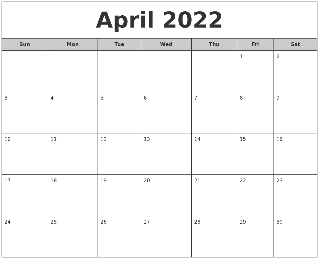 Take 2022 Calendar Month Of April