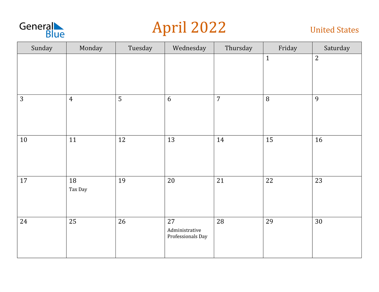 Take April 2022 Blank Calendar